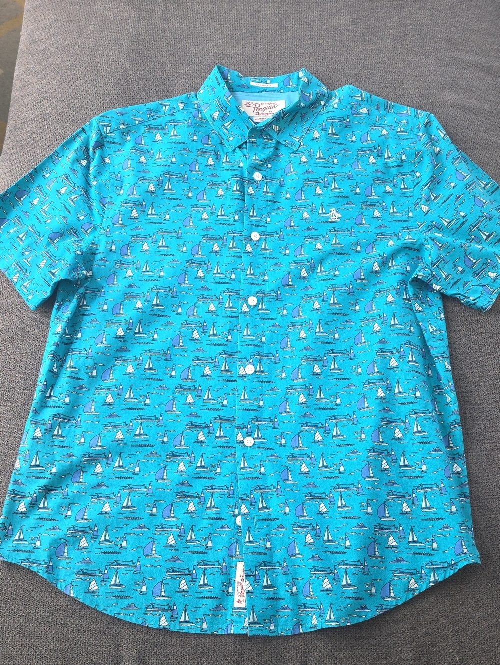 Penguin Brand Men's Turquoise Sailboat Print Button-Up Shirt - Size M